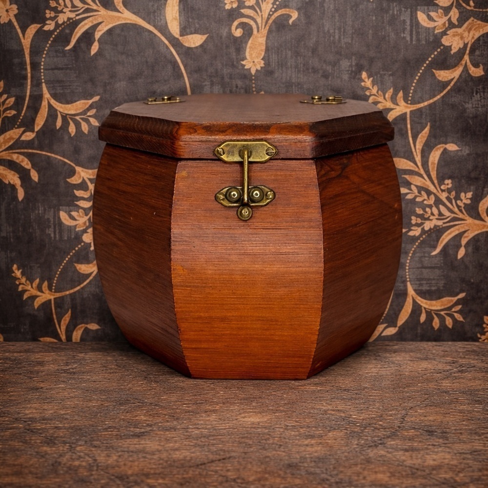Antique style Wooden Hexagonal Tea Caddy with Brass Clasp